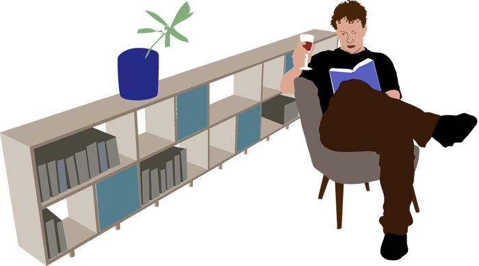 Illustration of Lino reading a book with a glass of wine, sitting in an armchair beside a low bookshelf